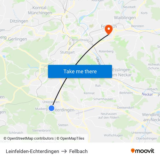 Leinfelden-Echterdingen to Fellbach map