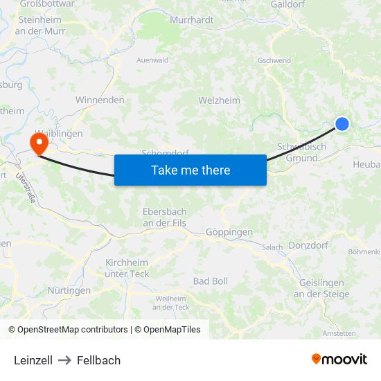 Leinzell to Fellbach map