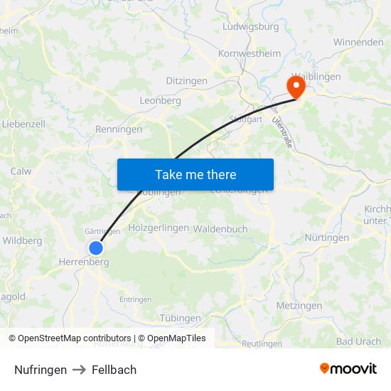 Nufringen to Fellbach map