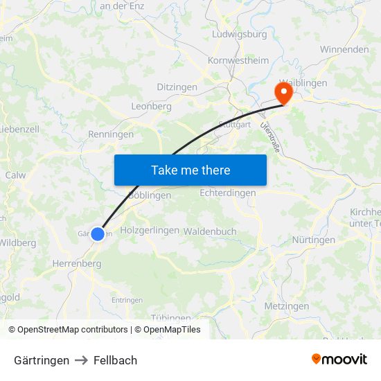 Gärtringen to Fellbach map