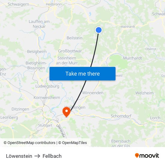 Löwenstein to Fellbach map
