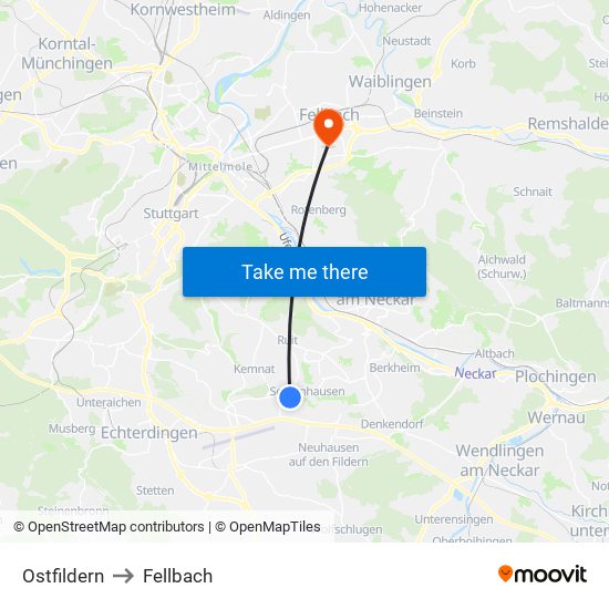 Ostfildern to Fellbach map