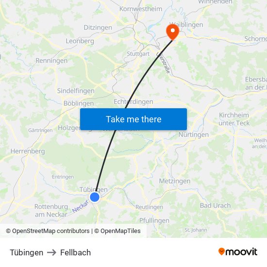 Tübingen to Fellbach map