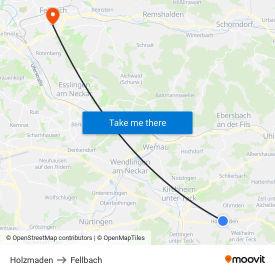 Holzmaden to Fellbach map