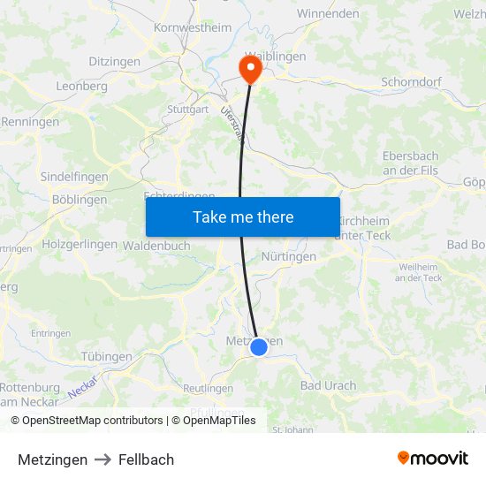 Metzingen to Fellbach map