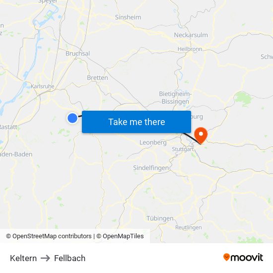 Keltern to Fellbach map