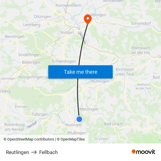 Reutlingen to Fellbach map