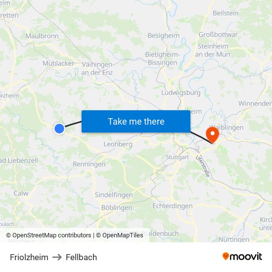 Friolzheim to Fellbach map