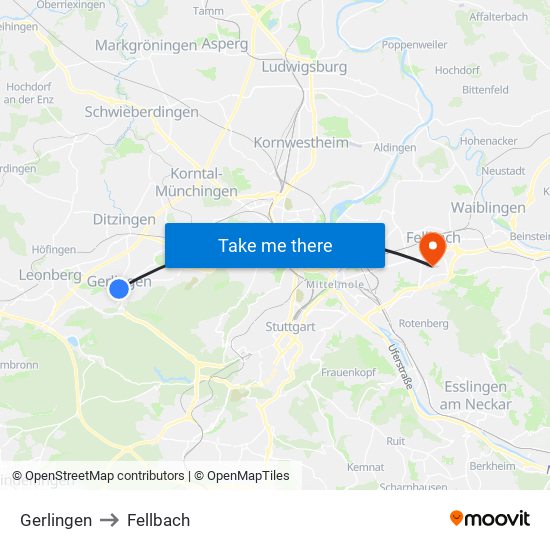 Gerlingen to Fellbach map