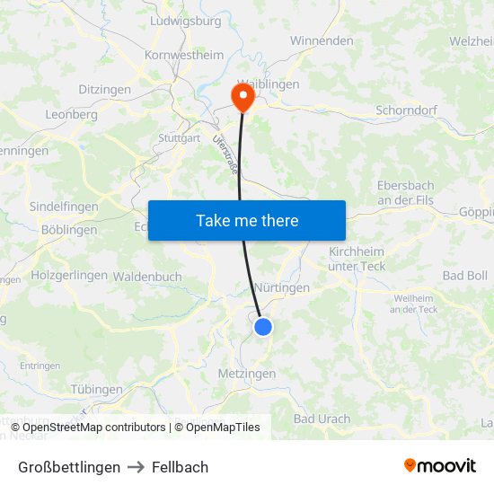 Großbettlingen to Fellbach map