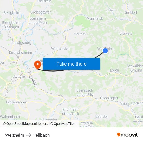 Welzheim to Fellbach map