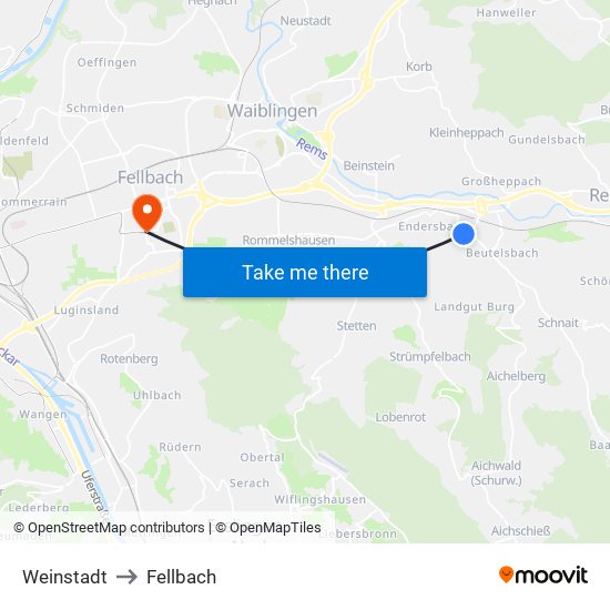 Weinstadt to Fellbach map