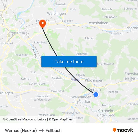 Wernau (Neckar) to Fellbach map