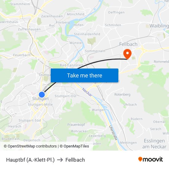 Hauptbf (A.-Klett-Pl.) to Fellbach map