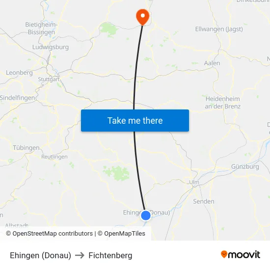 Ehingen (Donau) to Fichtenberg map