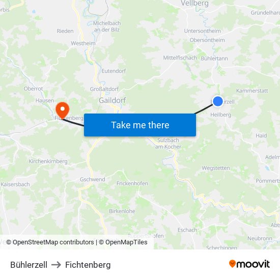 Bühlerzell to Fichtenberg map