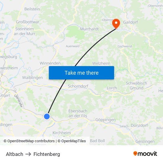 Altbach to Fichtenberg map
