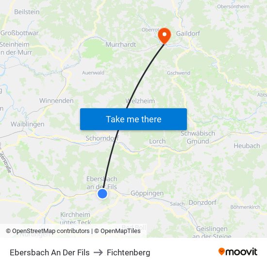 Ebersbach An Der Fils to Fichtenberg map