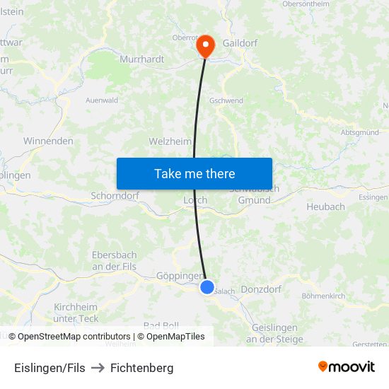 Eislingen/Fils to Fichtenberg map