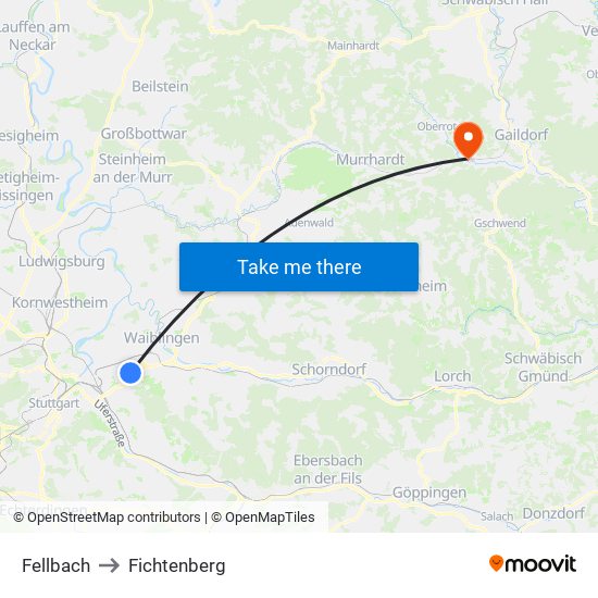 Fellbach to Fichtenberg map