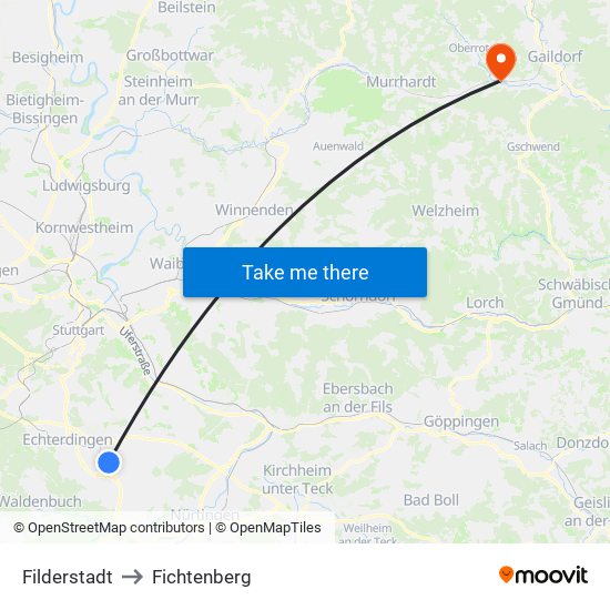 Filderstadt to Fichtenberg map