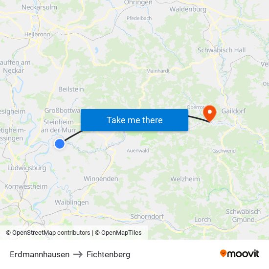 Erdmannhausen to Fichtenberg map