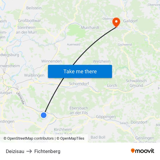 Deizisau to Fichtenberg map
