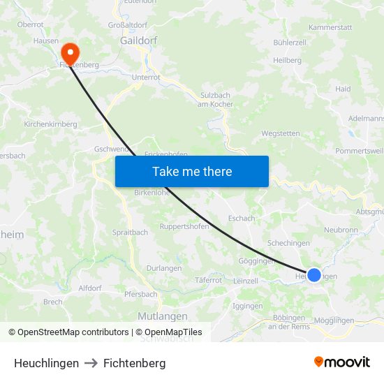 Heuchlingen to Fichtenberg map