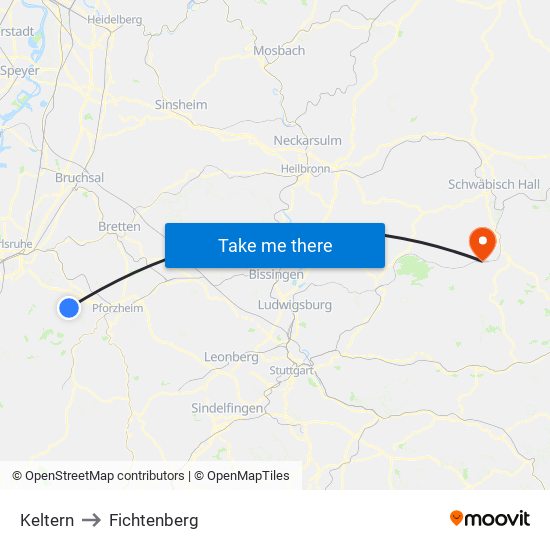 Keltern to Fichtenberg map