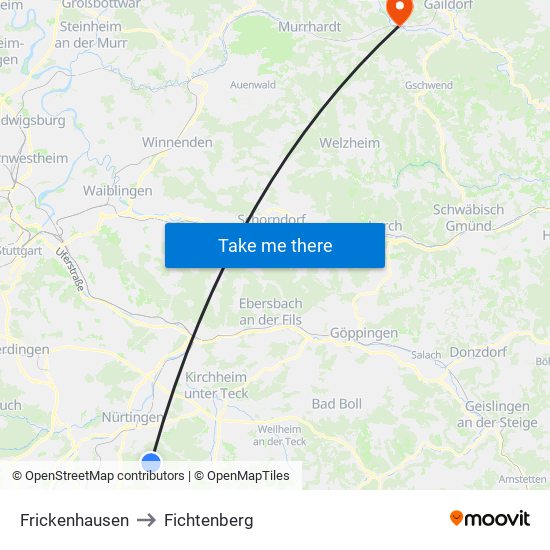 Frickenhausen to Fichtenberg map