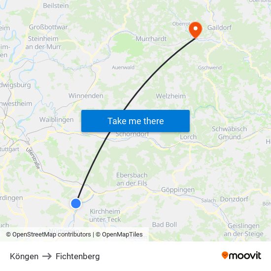 Köngen to Fichtenberg map