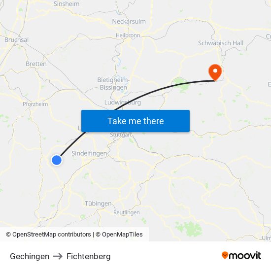 Gechingen to Fichtenberg map