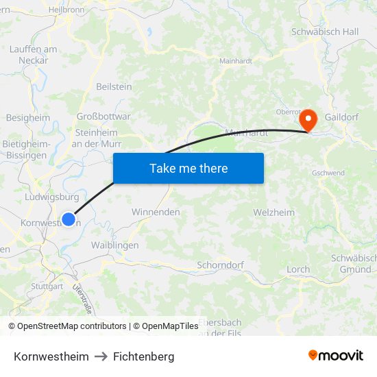 Kornwestheim to Fichtenberg map