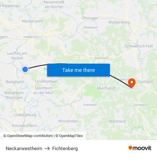 Neckarwestheim to Fichtenberg map