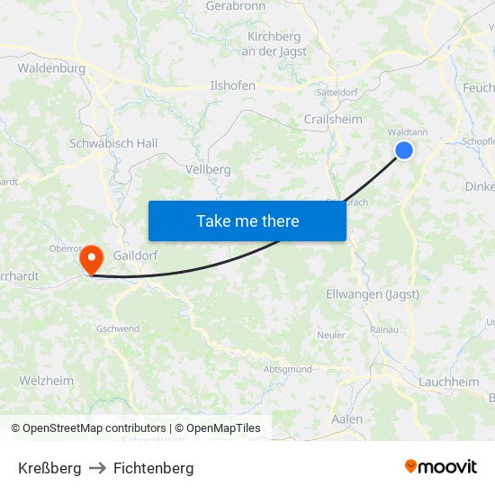 Kreßberg to Fichtenberg map