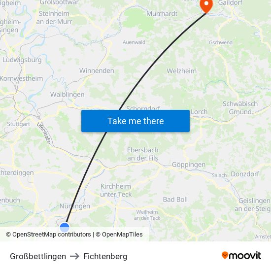 Großbettlingen to Fichtenberg map