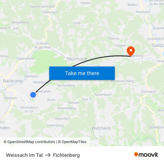 Weissach Im Tal to Fichtenberg map