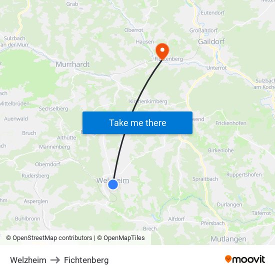 Welzheim to Fichtenberg map