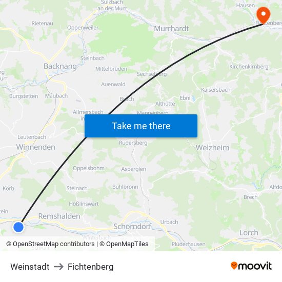 Weinstadt to Fichtenberg map
