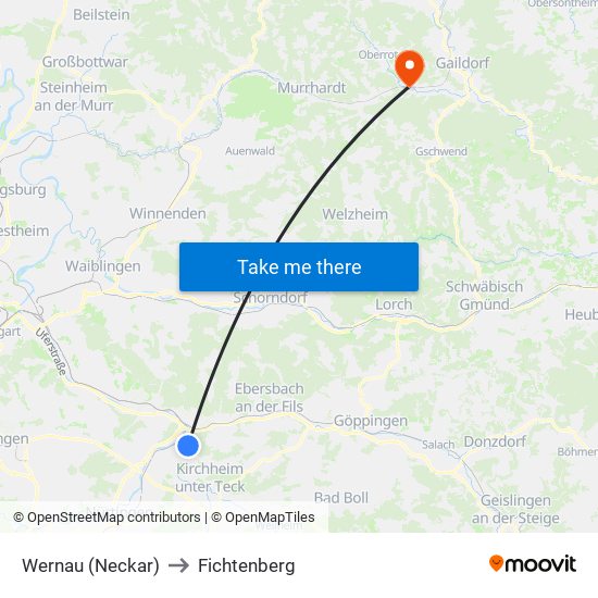 Wernau (Neckar) to Fichtenberg map