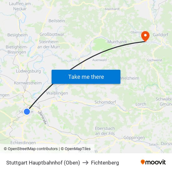 Stuttgart Hauptbahnhof (Oben) to Fichtenberg map