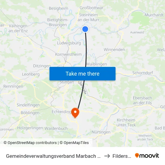 Gemeindeverwaltungsverband Marbach am Neckar to Filderstadt map