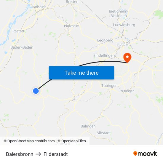 Baiersbronn to Filderstadt map