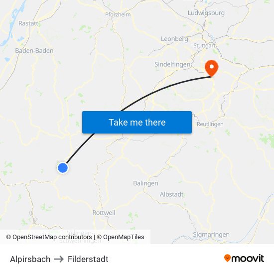 Alpirsbach to Filderstadt map