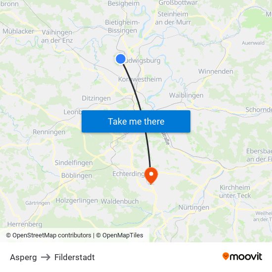 Asperg to Filderstadt map