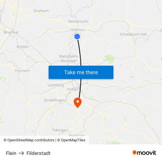 Flein to Filderstadt map