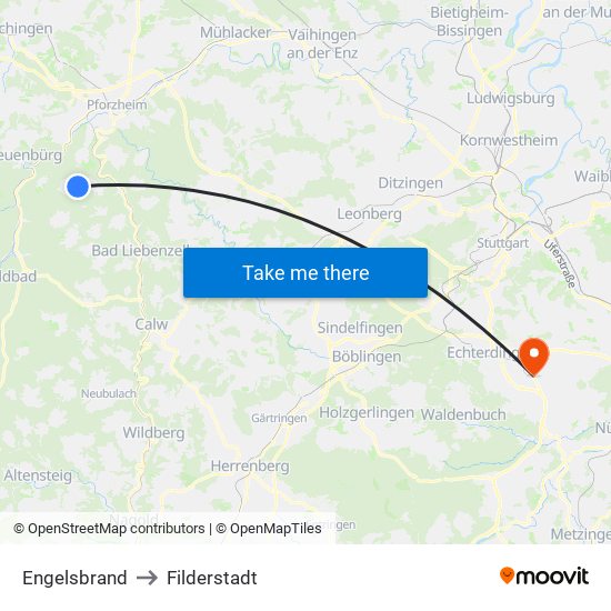Engelsbrand to Filderstadt map
