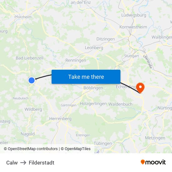 Calw to Filderstadt map