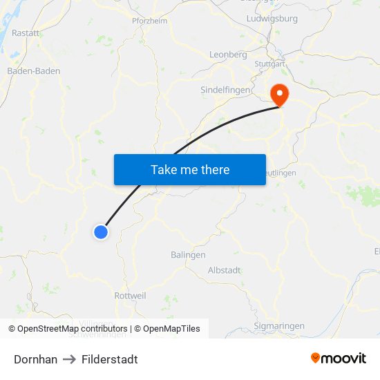 Dornhan to Filderstadt map