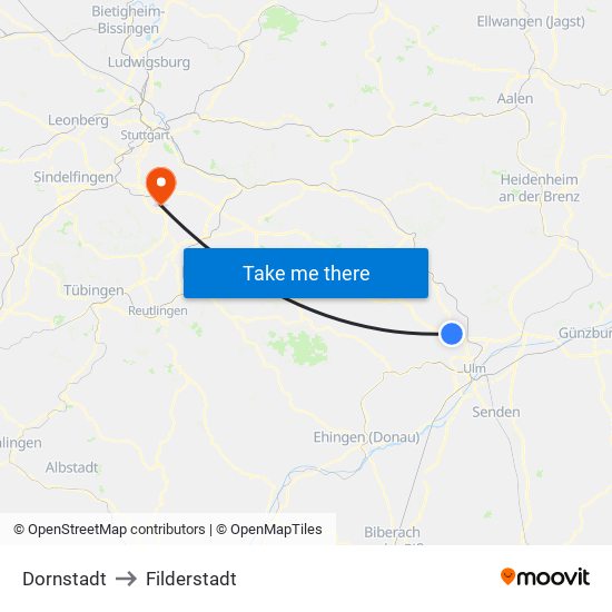 Dornstadt to Filderstadt map